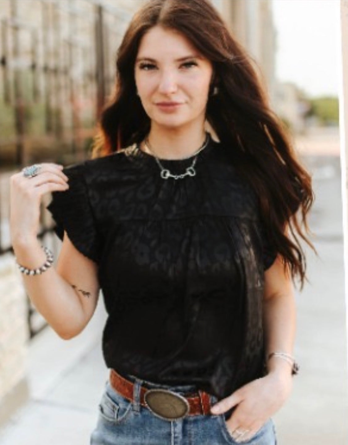 Black Leopard Satin Pleated Ruffle Sleeve Top