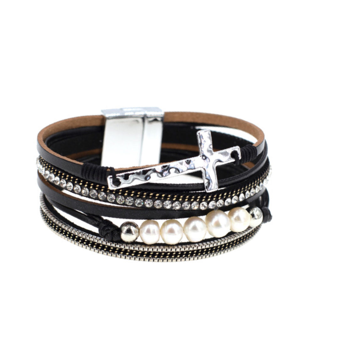 Leather Layered Cross Magnetic Bracelet