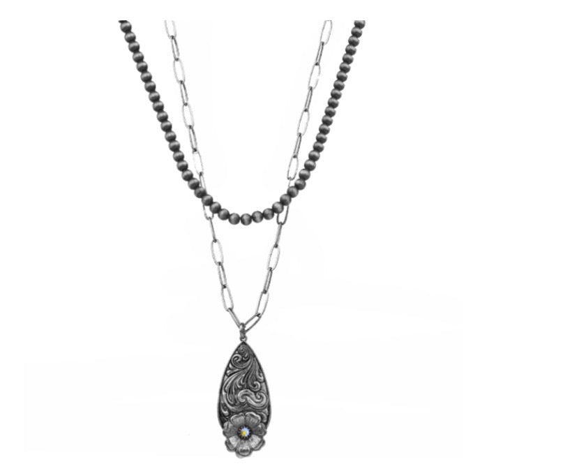 Tooled Flower Pendant Layered Necklace