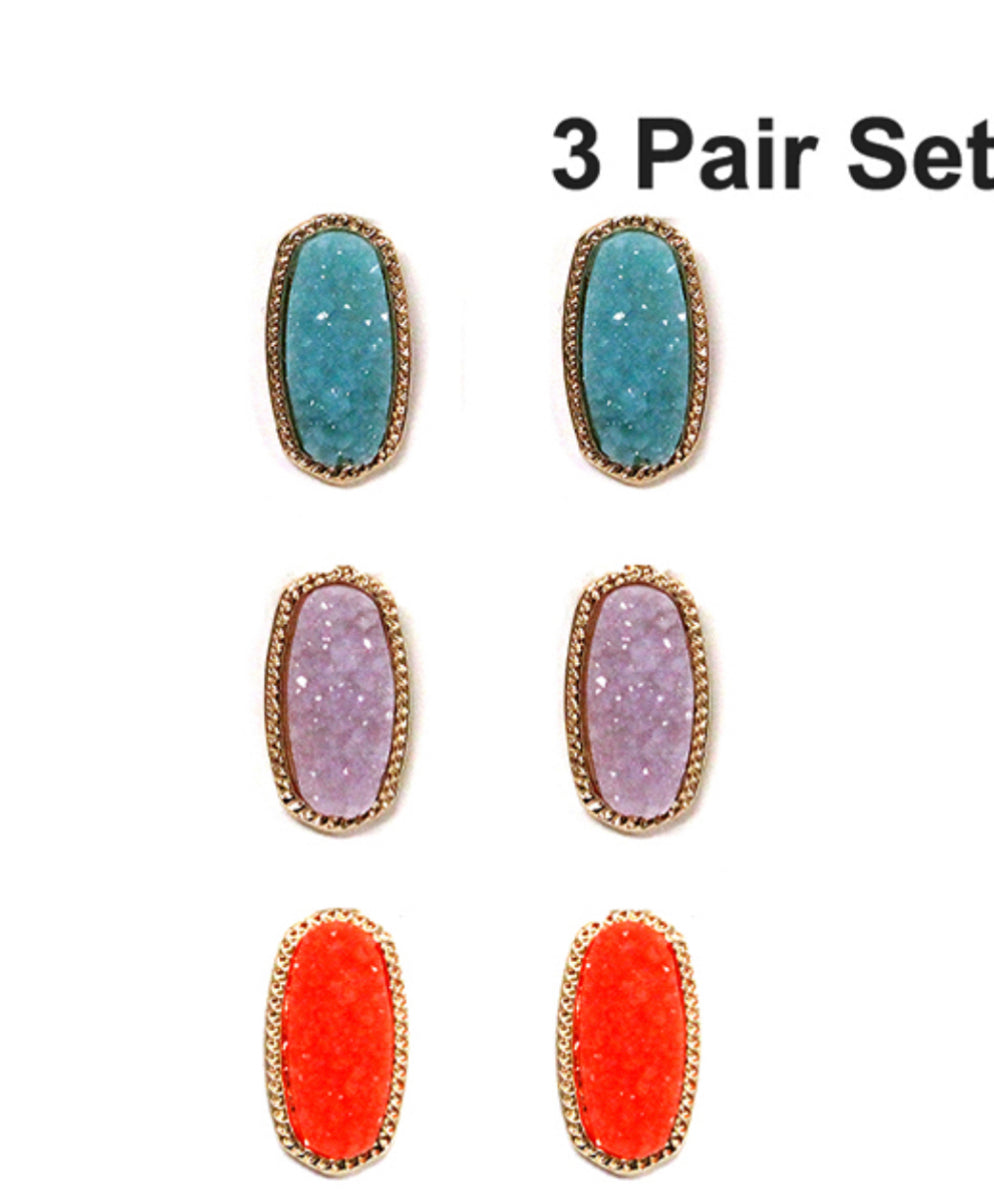 Oval Goldtone and Color Encrusted 3 Piece Stud Earring Set