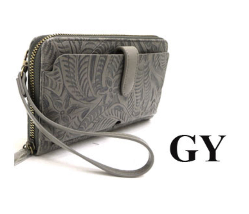 Tooled Leather Wristlet or Crossbody Wallet with Cellphone Pocket and Chain Strap