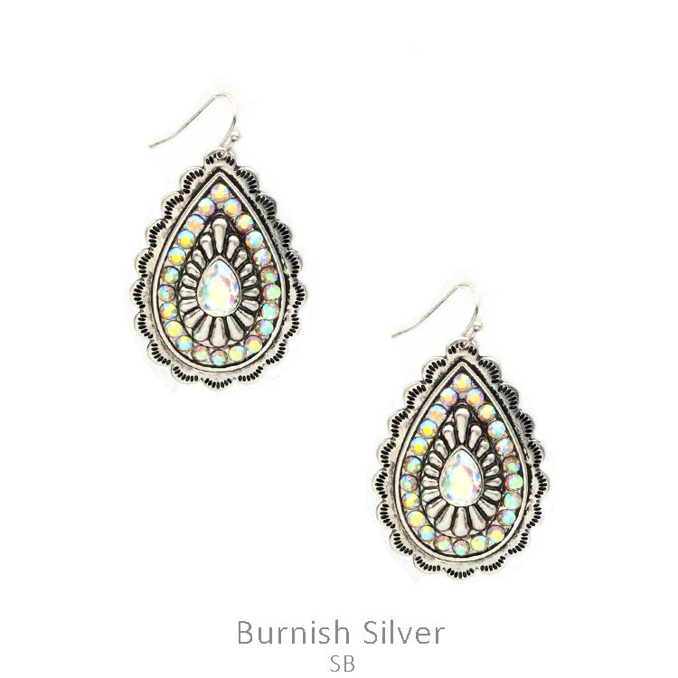 Burnished Silver Teardrop Earrings with Encased Crystals