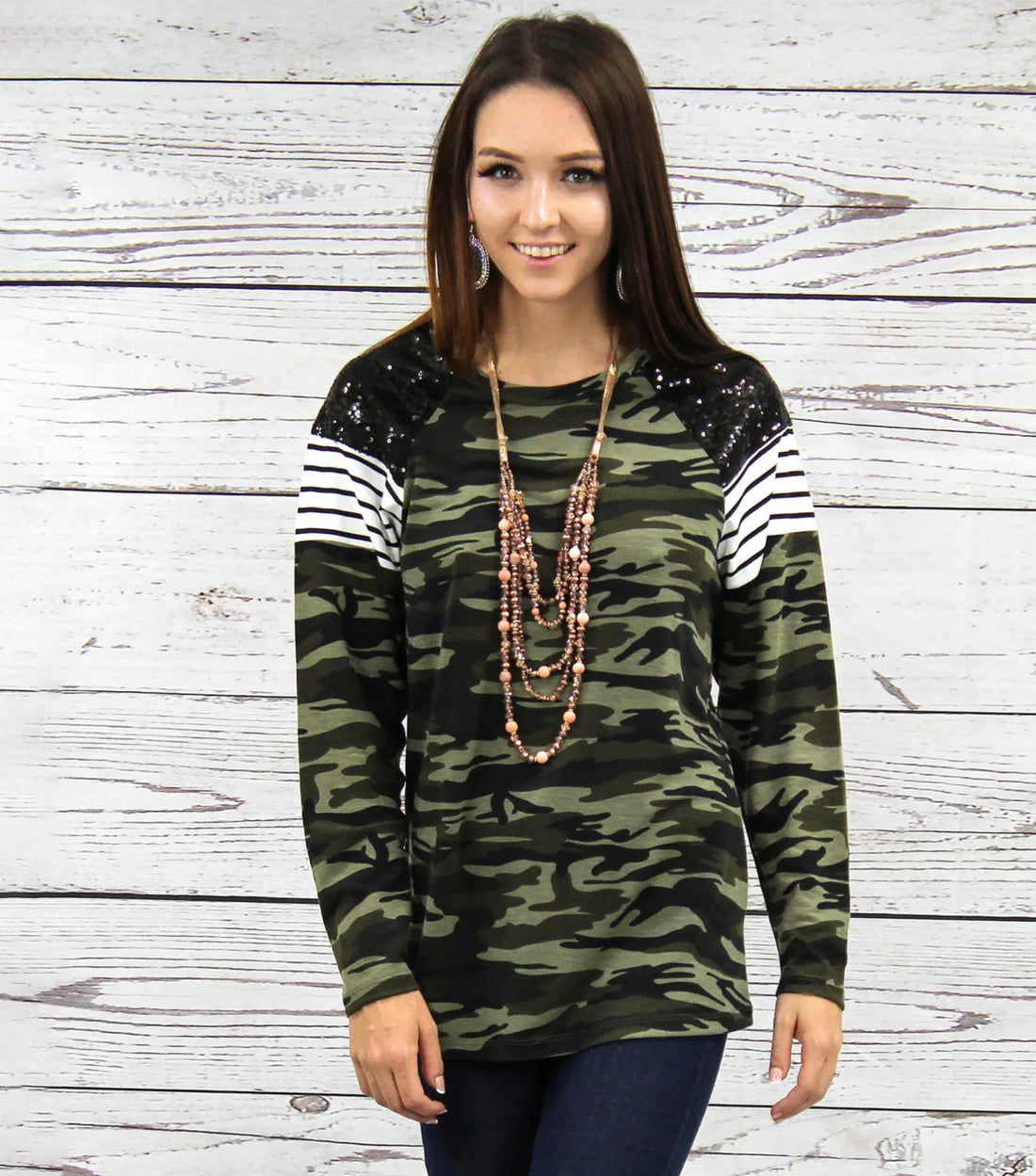 Black and Camouflage Sequin and Stripes Long Sleeve Top