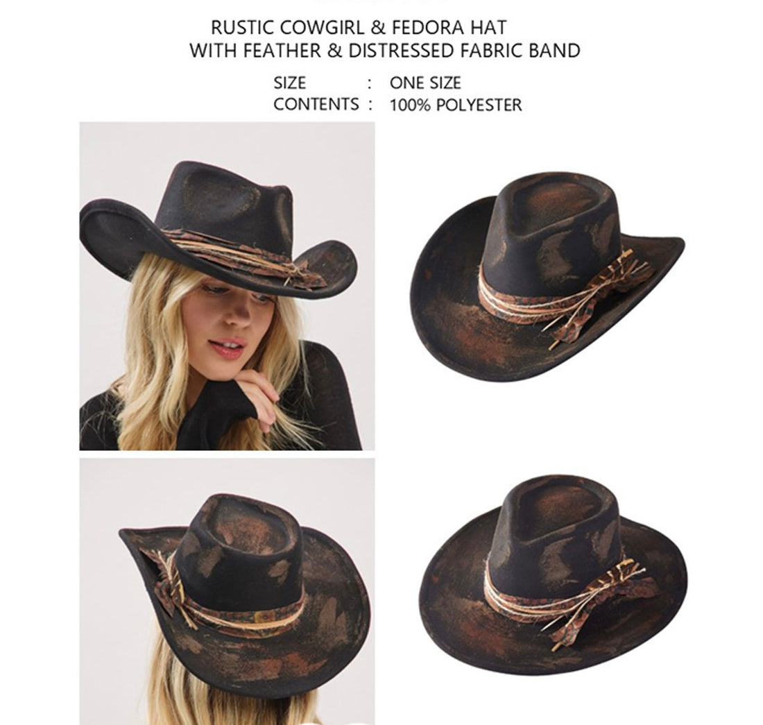 Rustic Cowgirl Fedora Hat with Feather &amp; Distressed Fabric Band