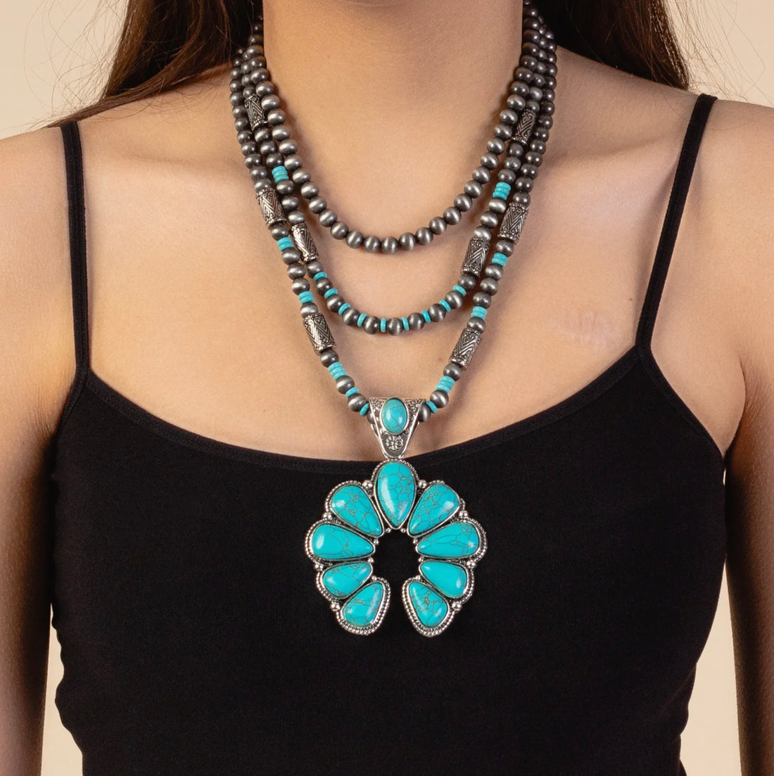 Turquoise and Silver Layered Squash Bottom Necklace with Matching Earrings