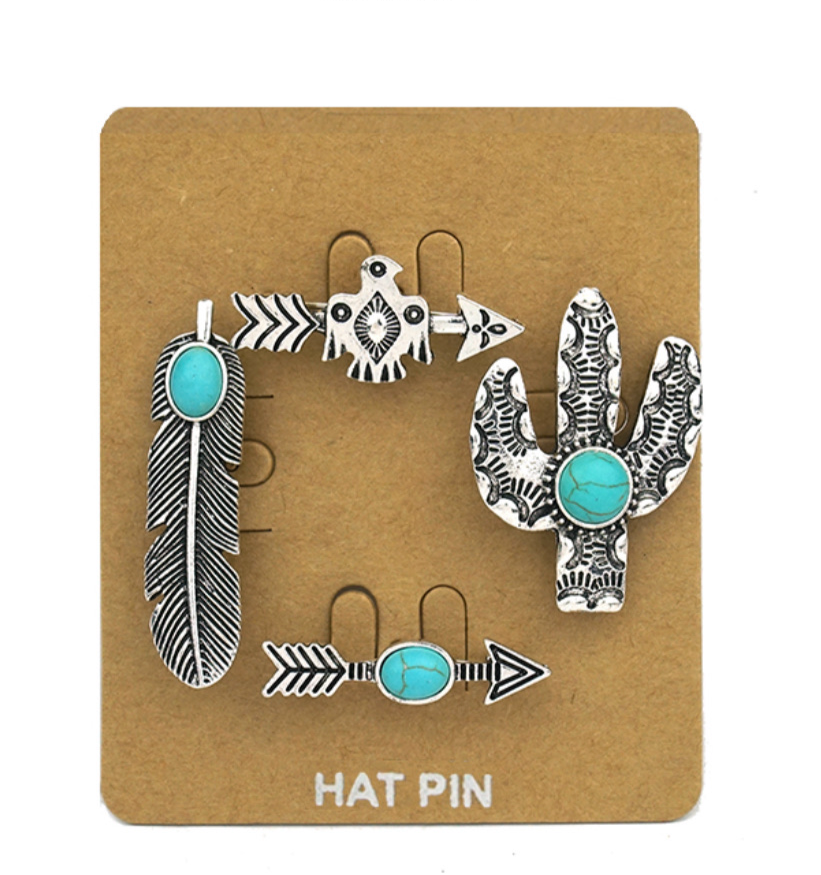 4 Piece Burnished Silver and Turquoise Stone Hat Pins