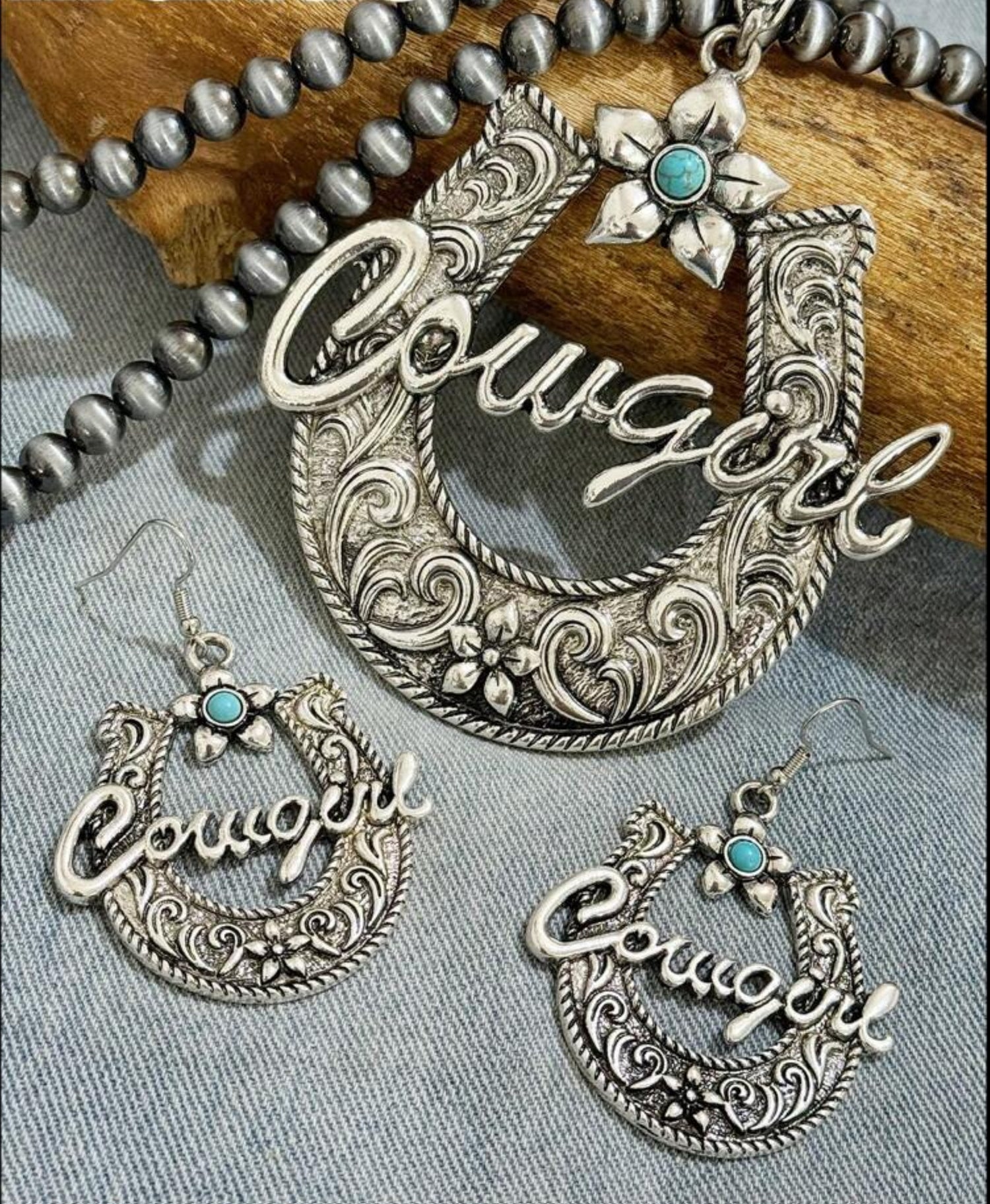 Retro Bohemian Style Cowgirl and Horseshoe Pendant Necklace and Dangle Earrings