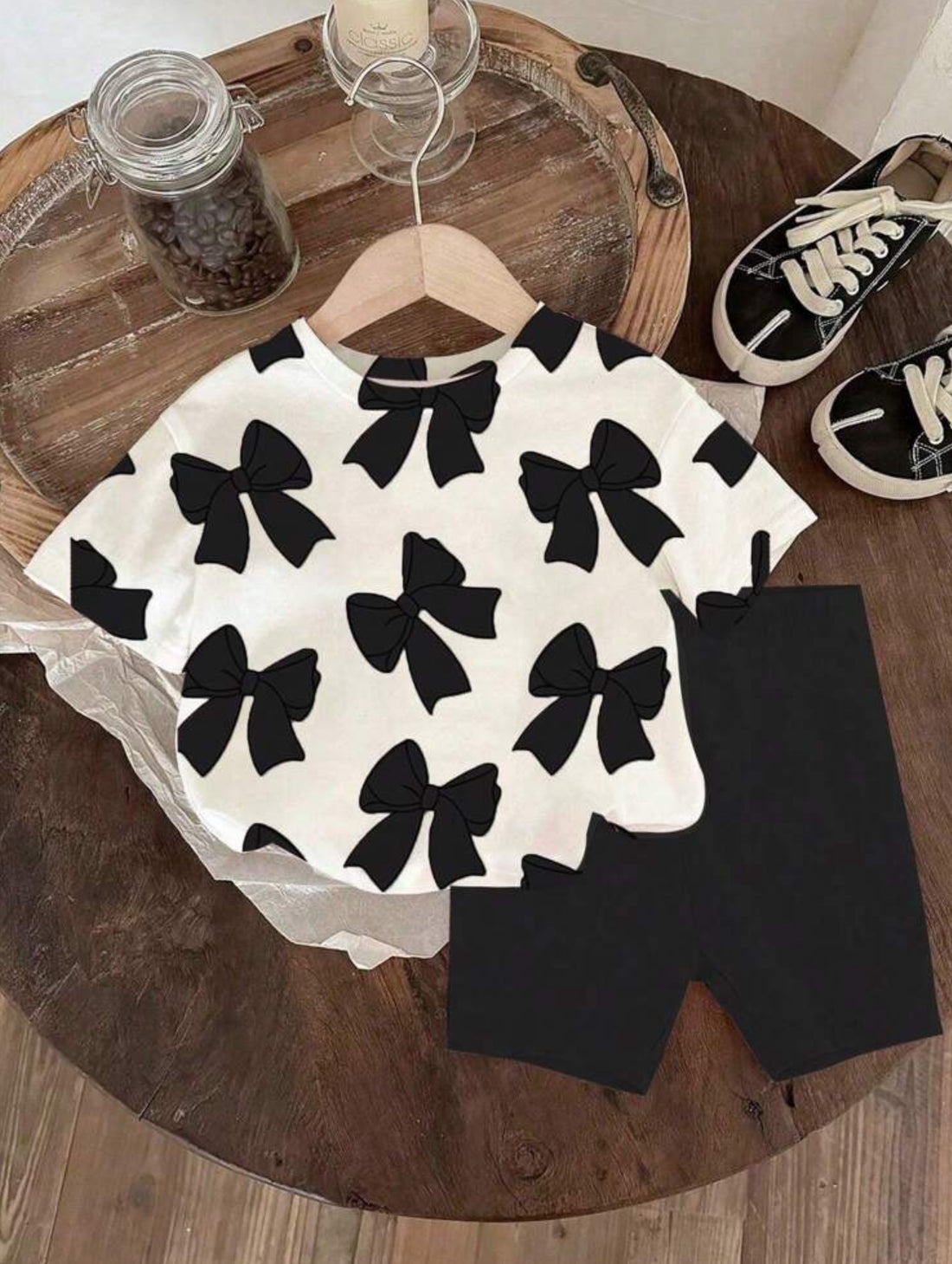 Girls Casual Bow Print Top with Black Shorts