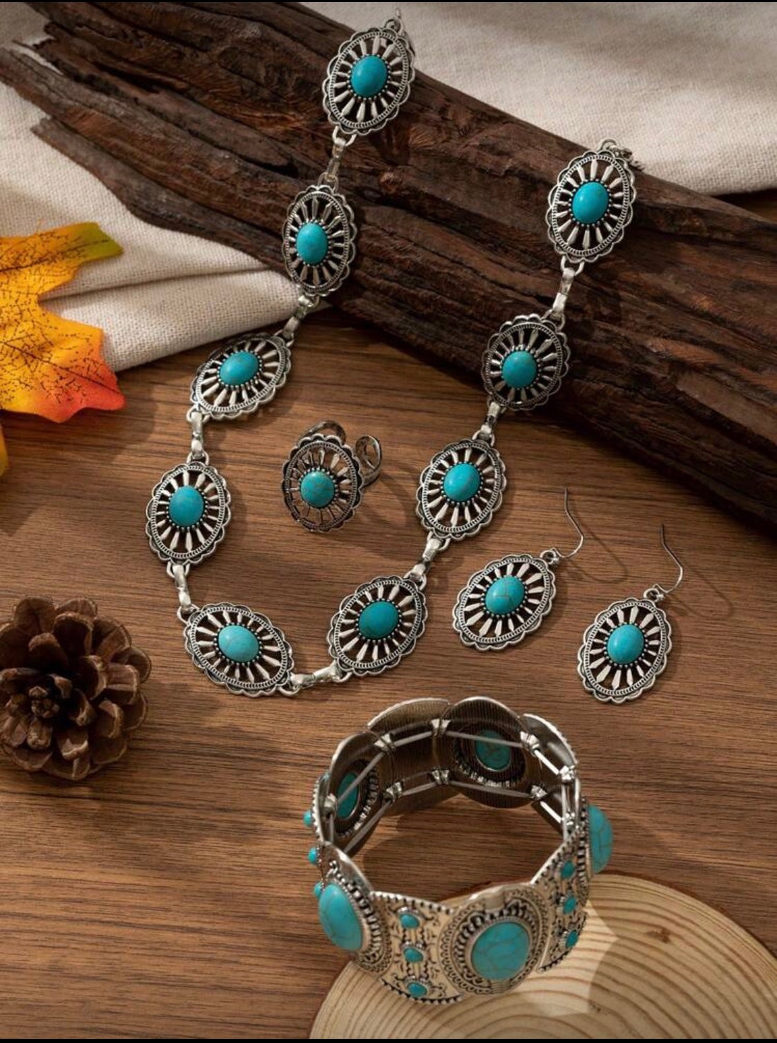 4 pc. Vintage Bohemian Style Carved Floral Jewelry Set