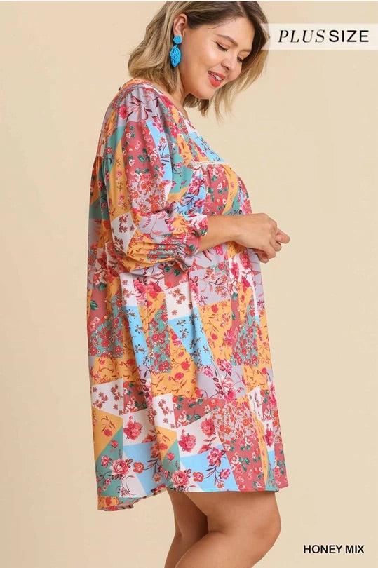 Mixed Print Crochet Trim Ruffled Sleeve Dress with Back Keyhole and No Lining