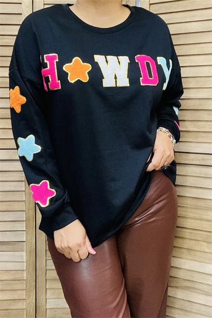 Long Sleeve Black Top with Colorful “Howdy”