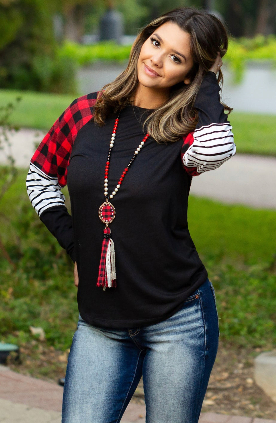 Buffalo Plaid with Strips Long Sleeve Top