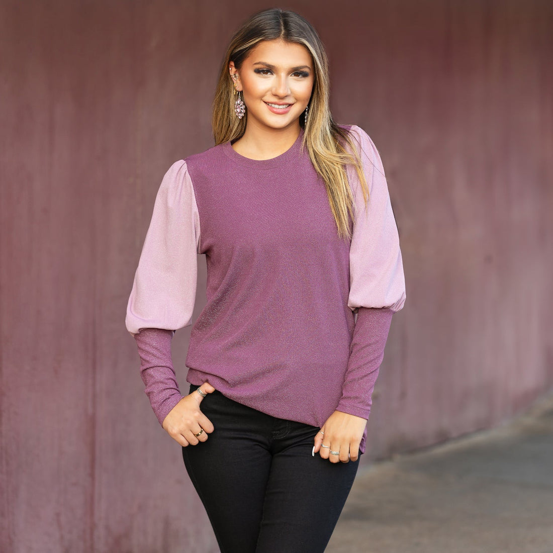 Sparkling Color Block Puffed Long Sleeve Top