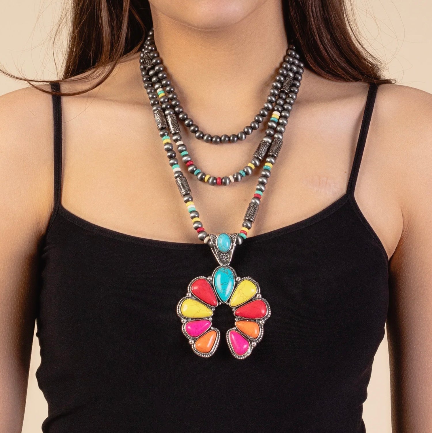 Western Navajo And Multi Color Squash Blossom Necklace