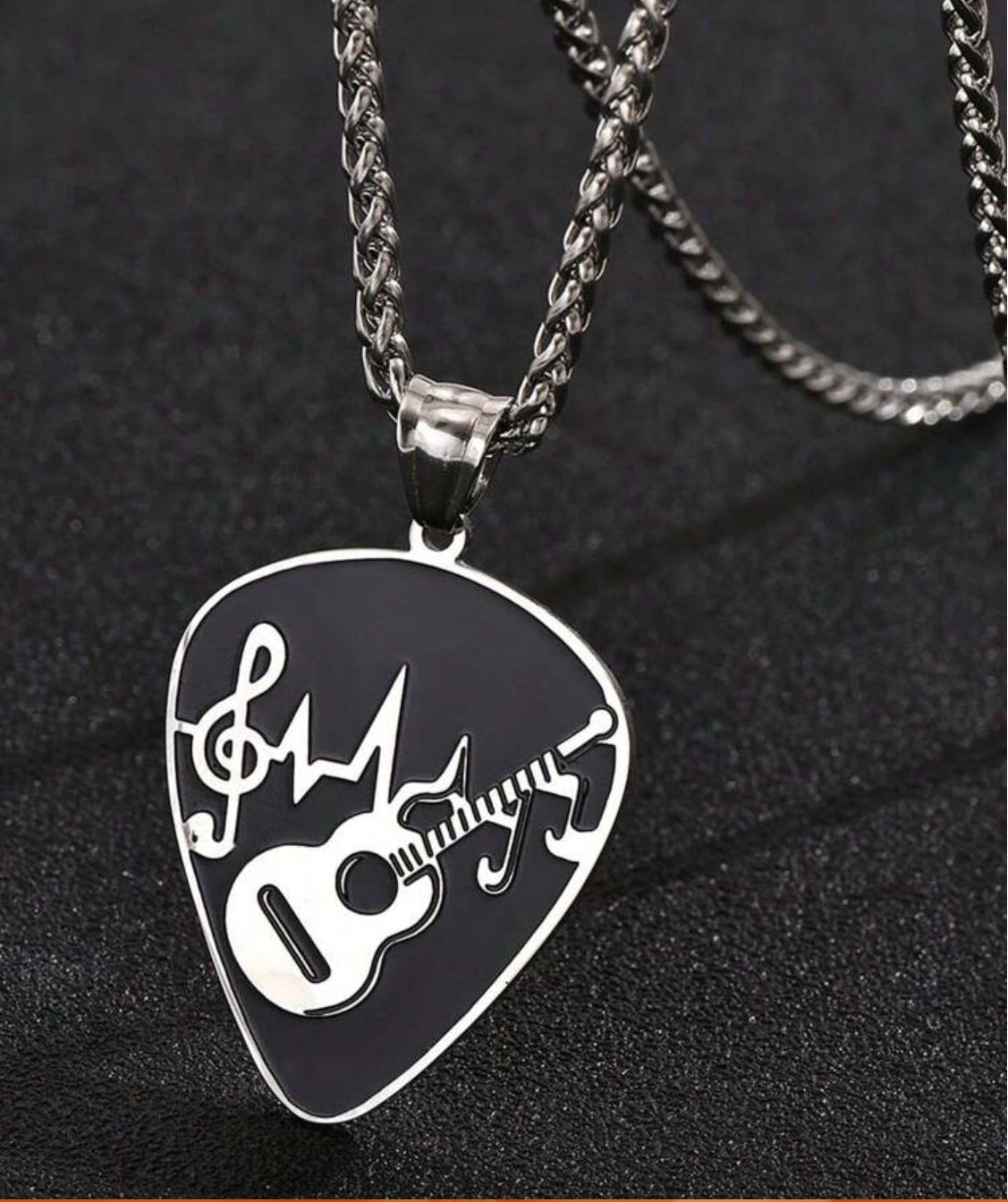 Mens Music Note Guitar Pick Pendant Necklace