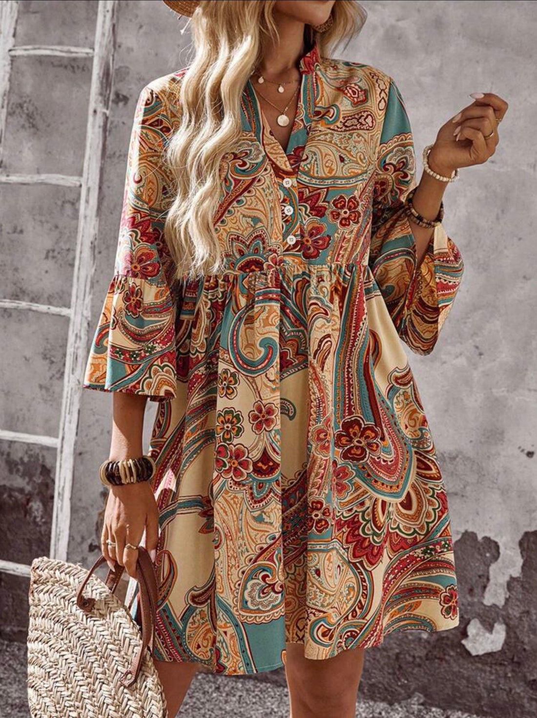 Emery Rose Boho Paisley A-Line Short Dress with Flounce Sleeves