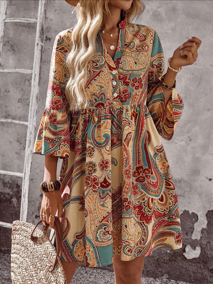 Emery Rose Boho Paisley A-Line Short Dress with Flounce Sleeves