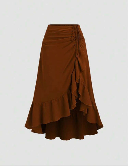 Rich Brown Summer Elegant High-Low Hemline Skirt