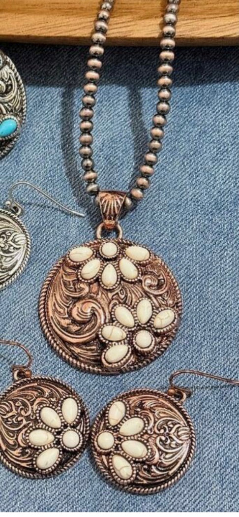 Brass Tooled Flower Hematite Pendant Necklace and Matching Earrings
