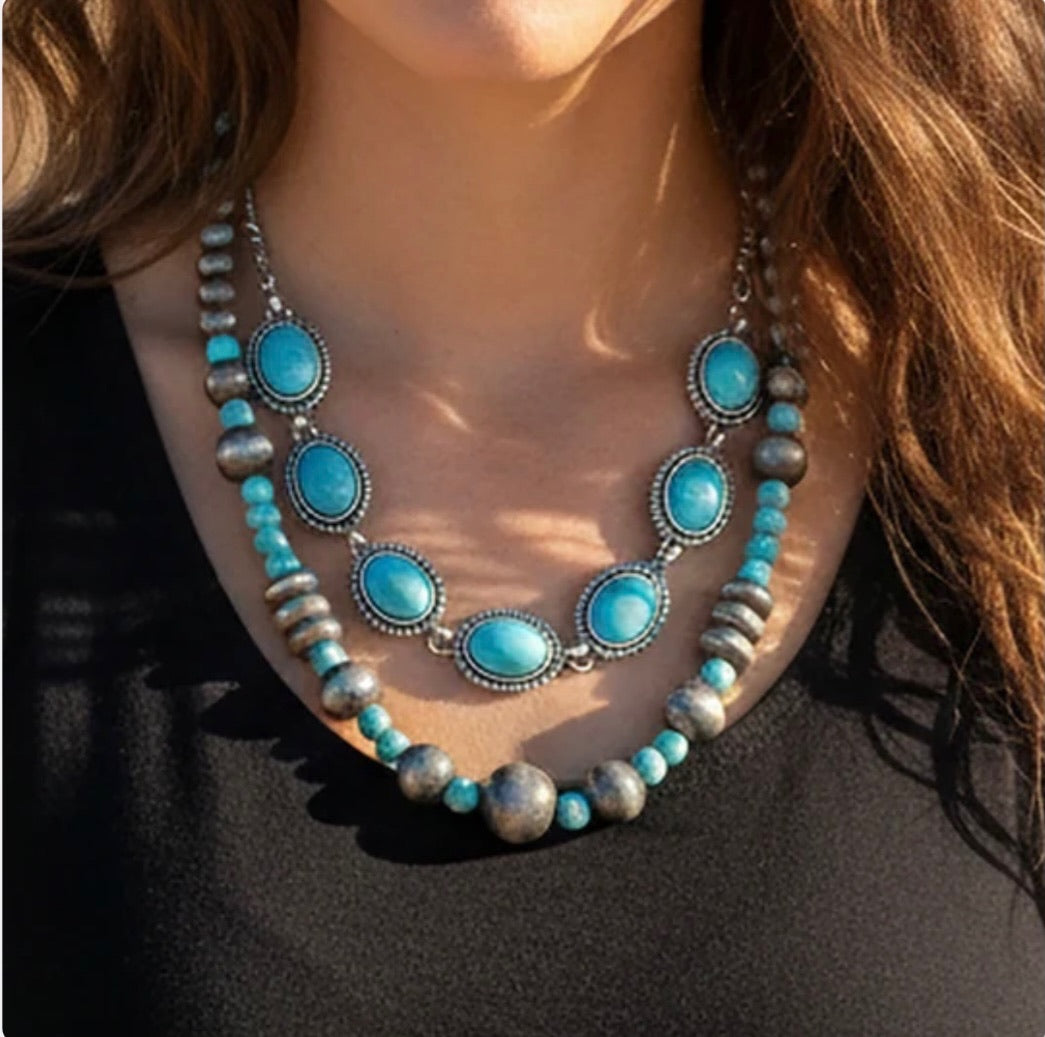 Layered Dome Turquoise Necklace with Matching Earrings