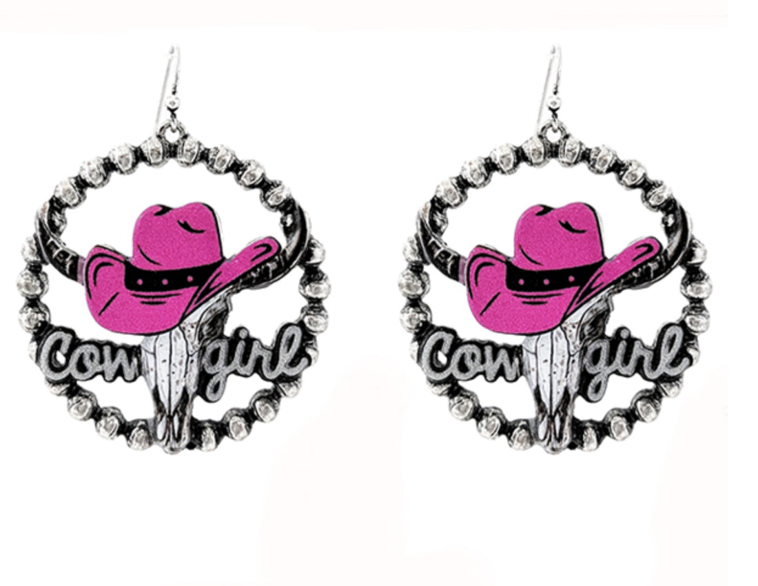 Pink “Cowgirl” Steer head Dangle Earrings