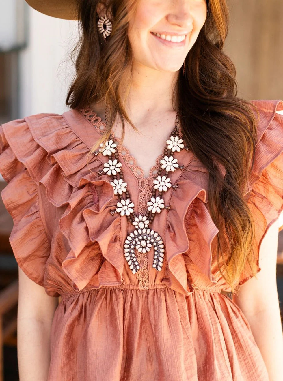 White Cream &amp; Copper Squash Blossom Necklace