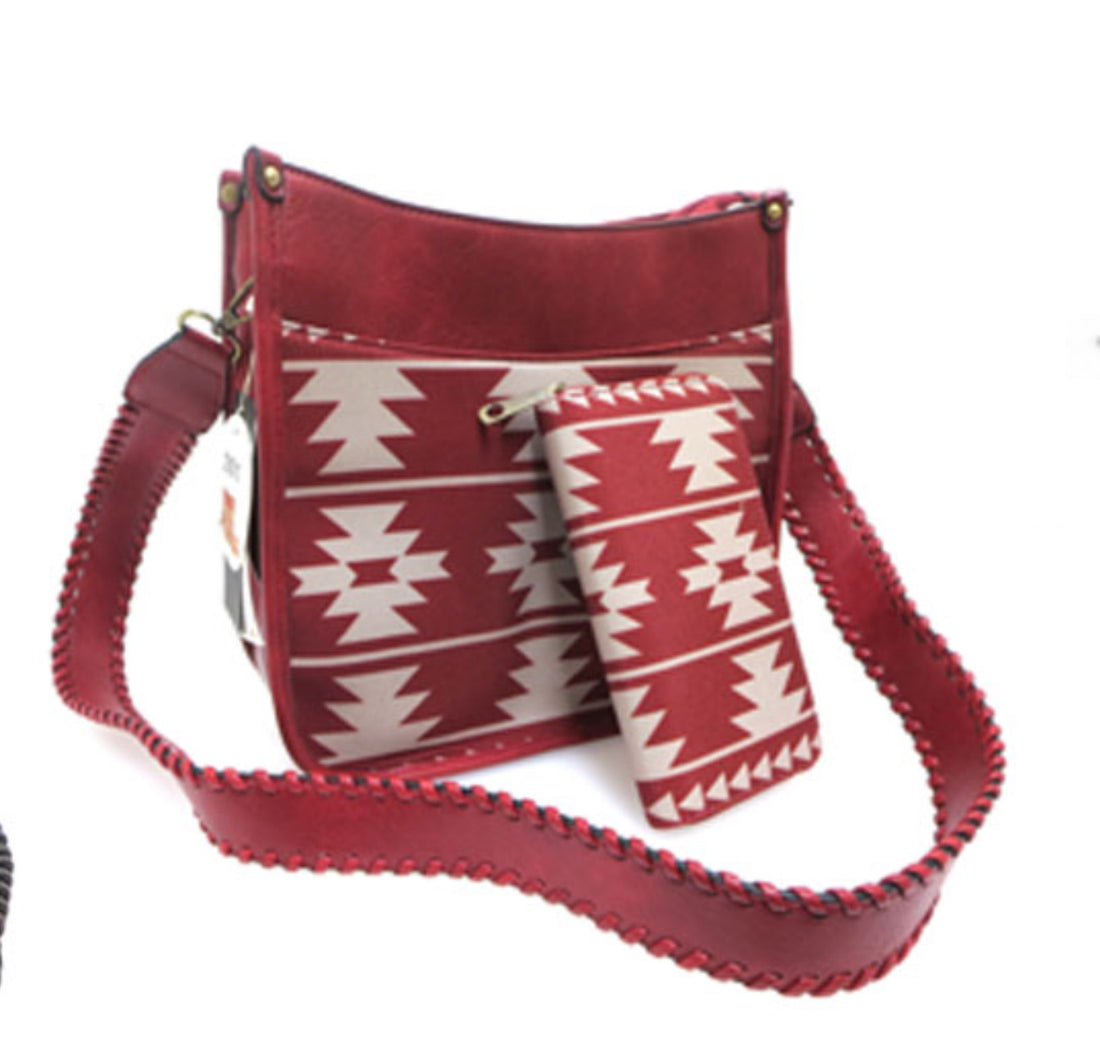 Leather and Canvas Tribal Pattern Purse with Matching Wallet