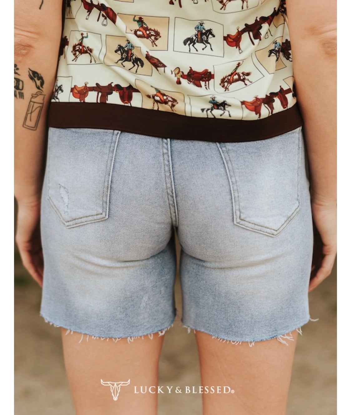 Light Wash Distressed Leopard Patch Frayed Mid Rise Shorts