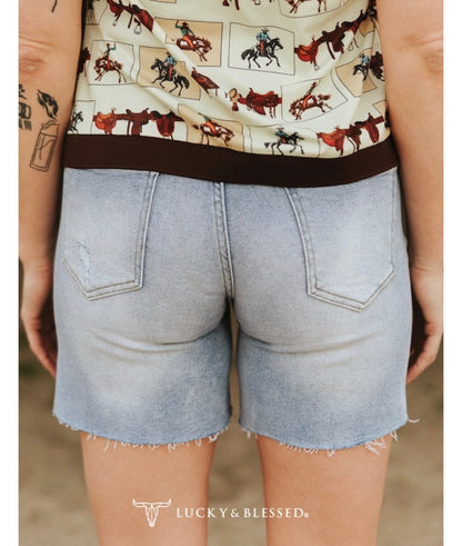 Light Wash Distressed Leopard Patch Frayed Mid Rise Shorts