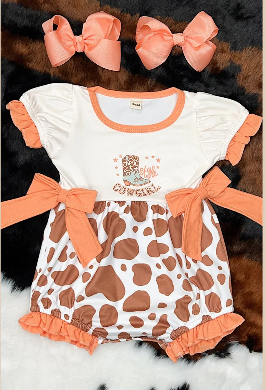 ‘Style Cowgirl’ Cow Spotted Baby Romper