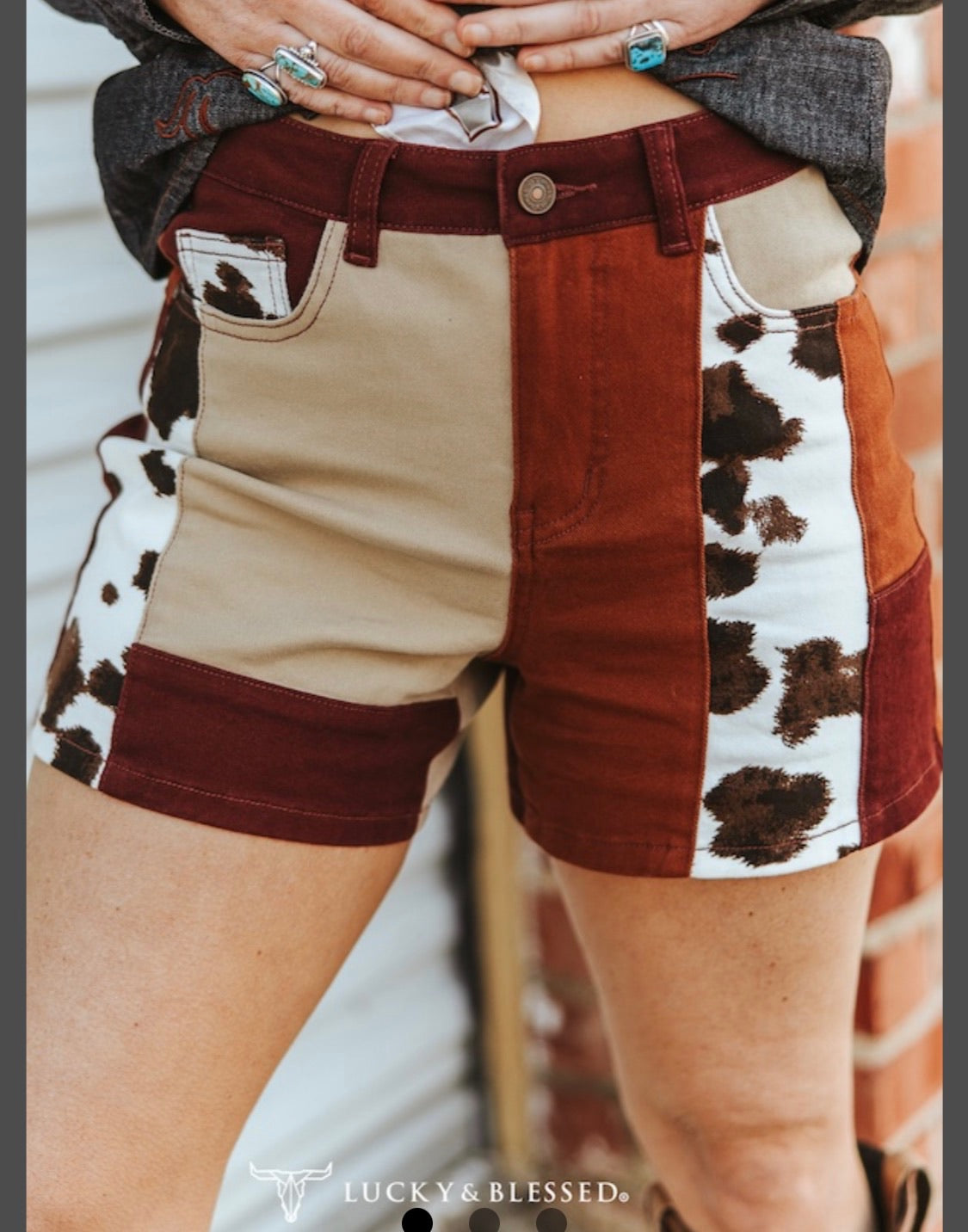 Brown Patchwork Cowhide High Rise Wide Leg Shorts