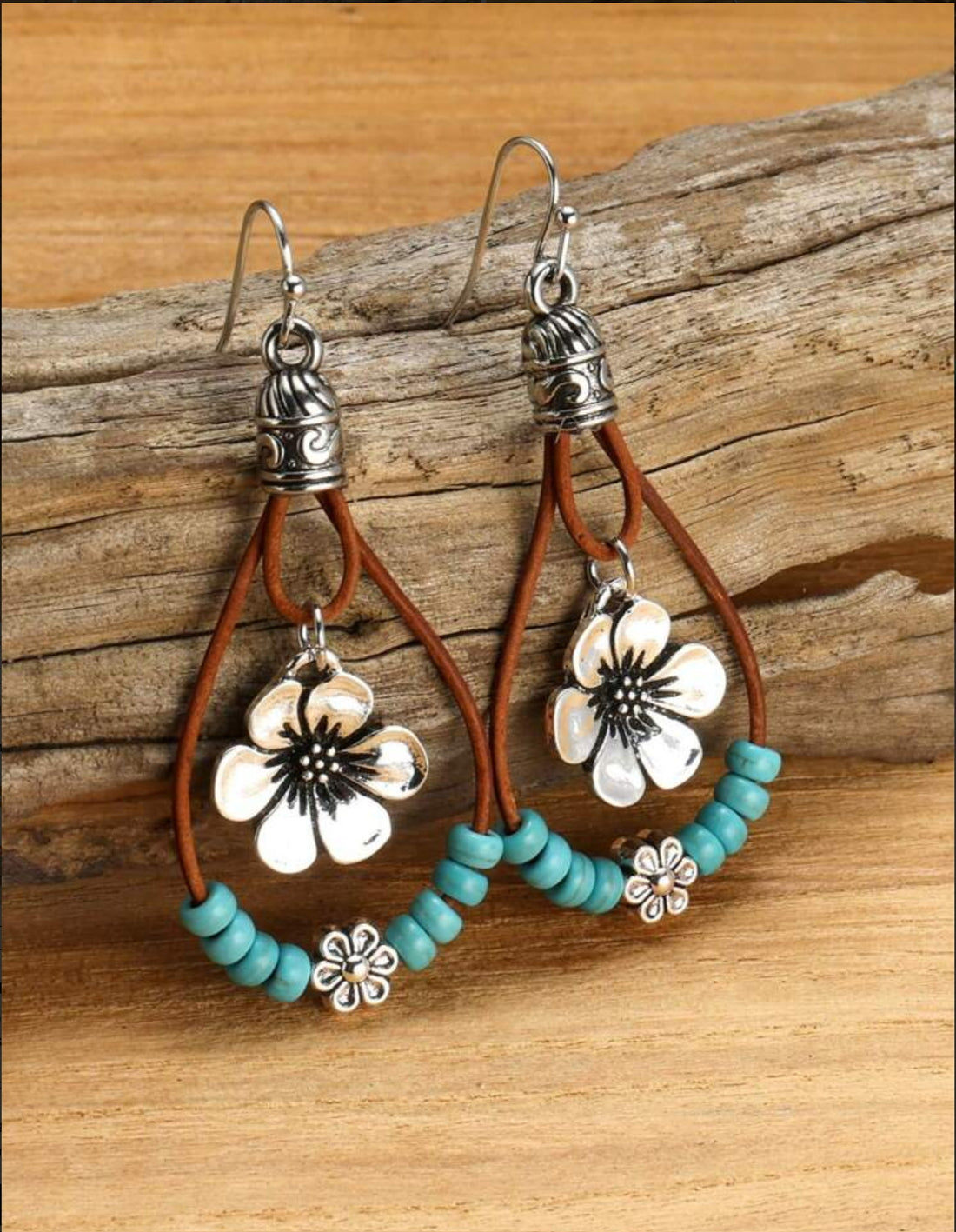 Bohemian Style Alloy Plum Blossom Turquoise Bead Dangle Earrings