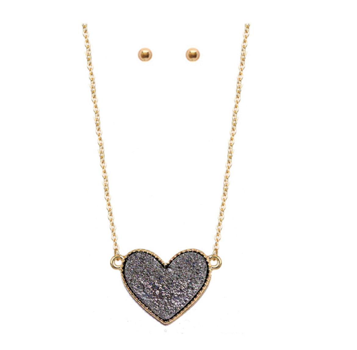 Lg. Druzy Heart Pendant On Gold Chain And Stud Earrings