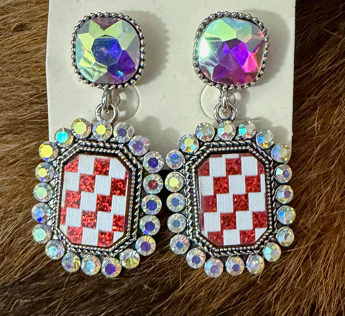Red Checkered Rhinestone Dangle Earrings