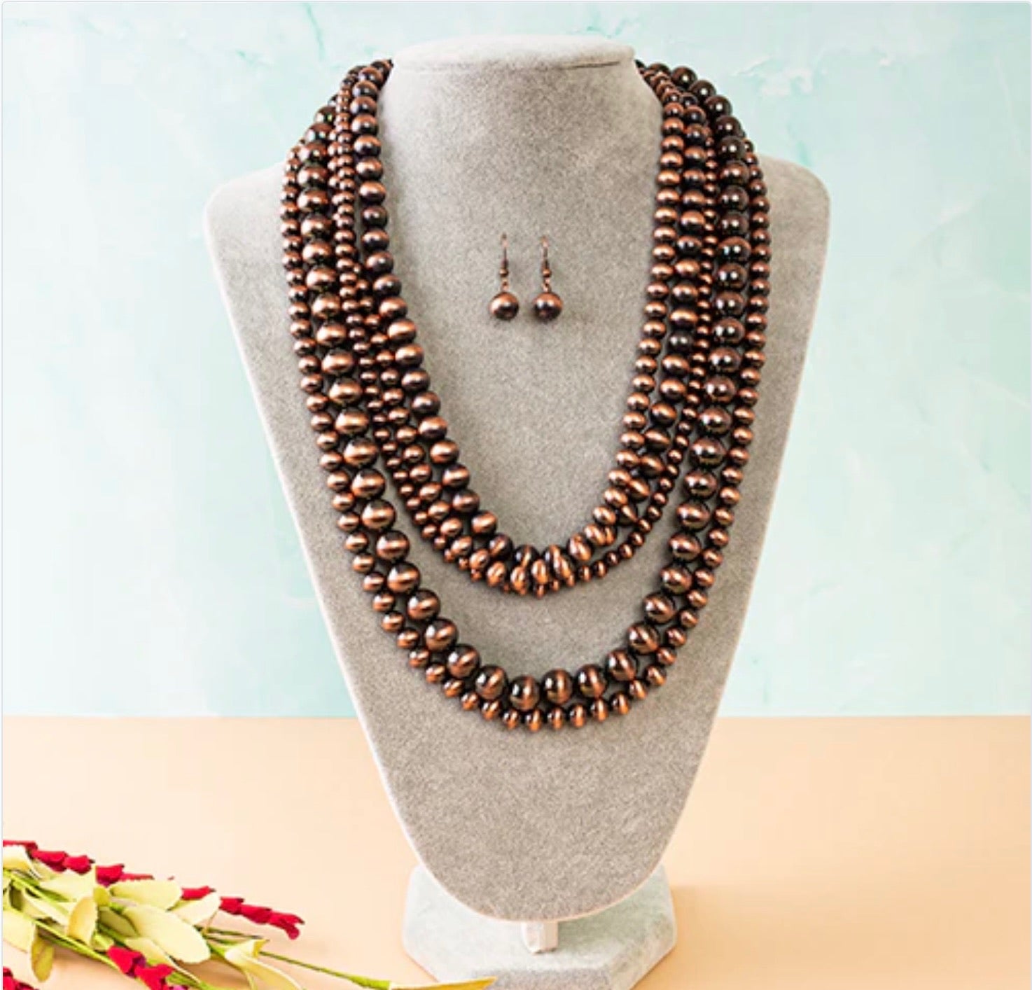 Copper Navajo Bead Layered Necklace with Matching Earrings