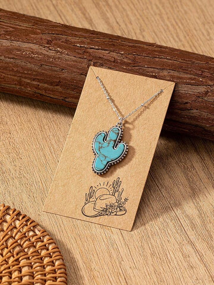 Silver Chain Necklace with Turquoise Cactus Pendant