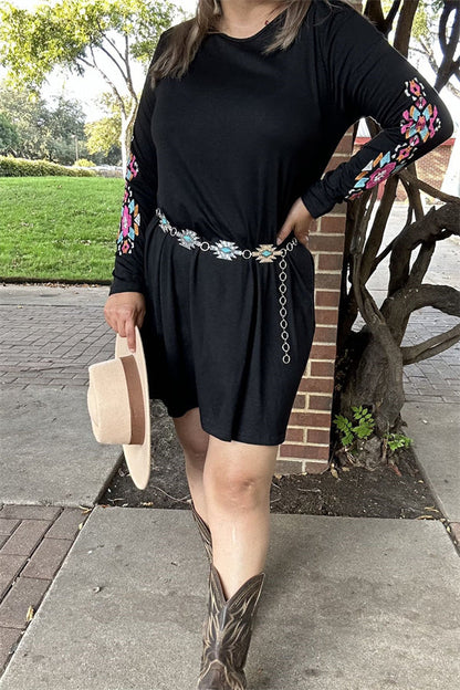 Black Dress with Aztec Floral Embroidery Long Sleeve