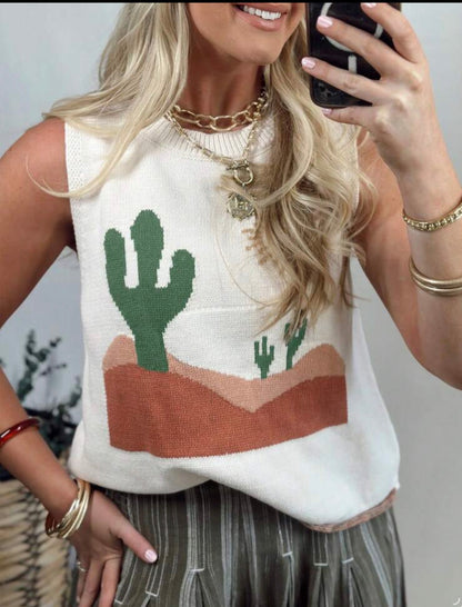 Acelitt Colorful Cactus Pattern Western Oasis Sleeveless Sweater