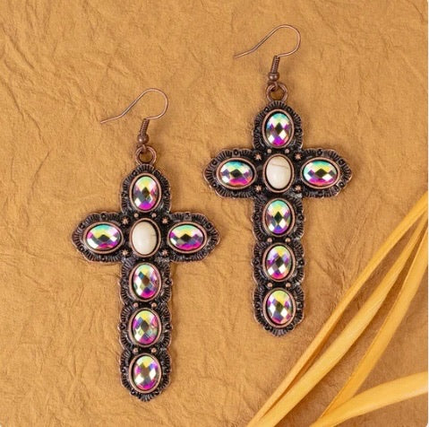Copper and Ivory Rhinestone Cross Dangle Earrings