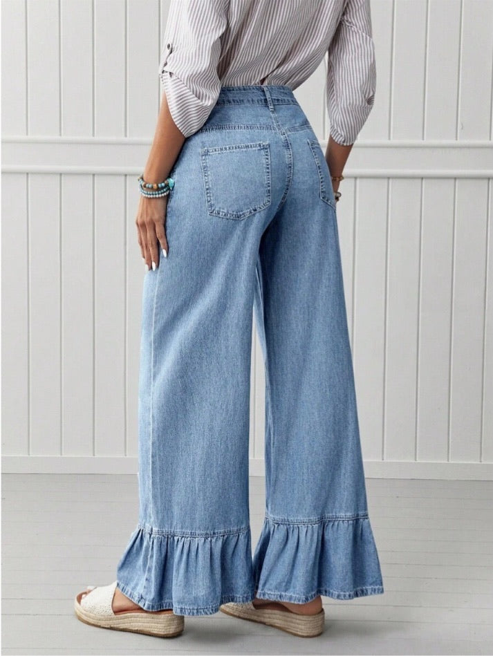 Denim Ruffle Hem Wide Leg Jeans