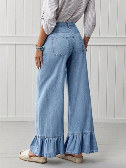 Denim Ruffle Hem Wide Leg Jeans