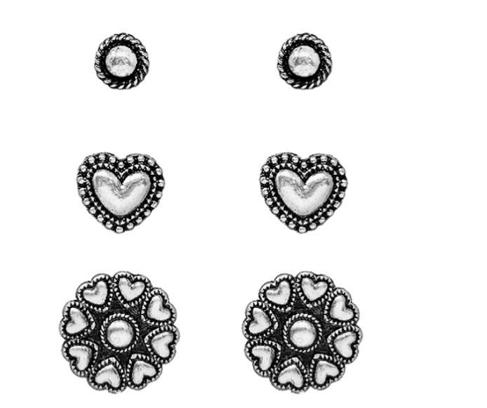 3pc. Silver Hearts Stud Earrings
