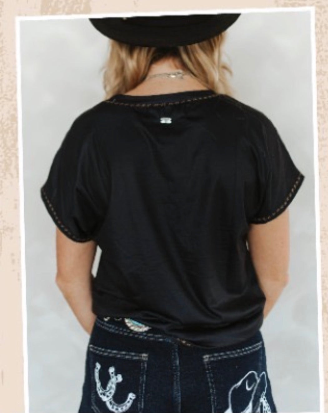 Black Horseshoe Rodeo Contrast Short Sleeve Top