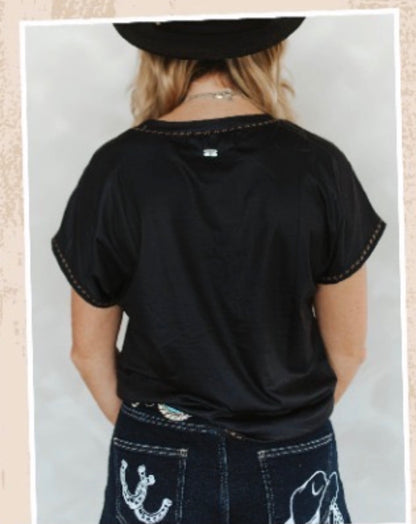 Black Horseshoe Rodeo Contrast Short Sleeve Top