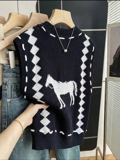 Lightweight Sleeveless Contrast Color Knit Western Vest