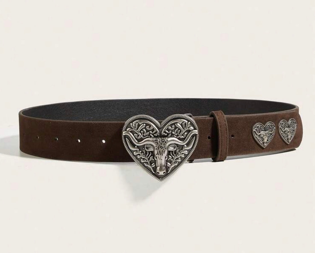 Vintage Alloy Heart Buckle Leather Belt with Heart Conchos