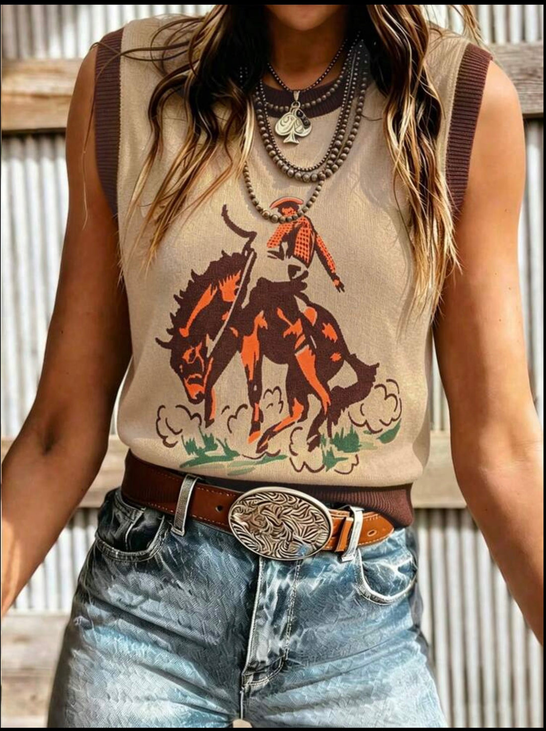 Bucking Bronc Color Block Ribbed Sleeveless Sweater