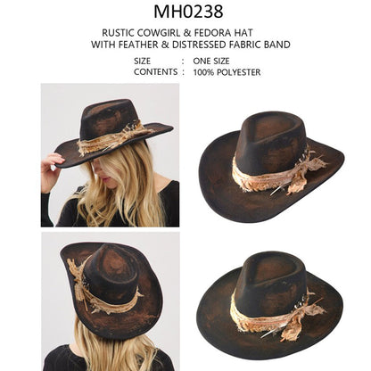 Rustic Cowgirl Fedora Hat with Feather &amp; Distressed Fabric Band