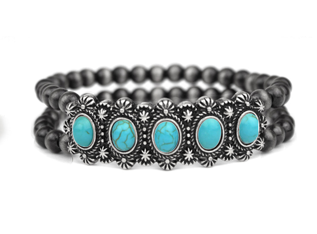 Turquoise Stone and Flower Beaded Stretch Bracelet