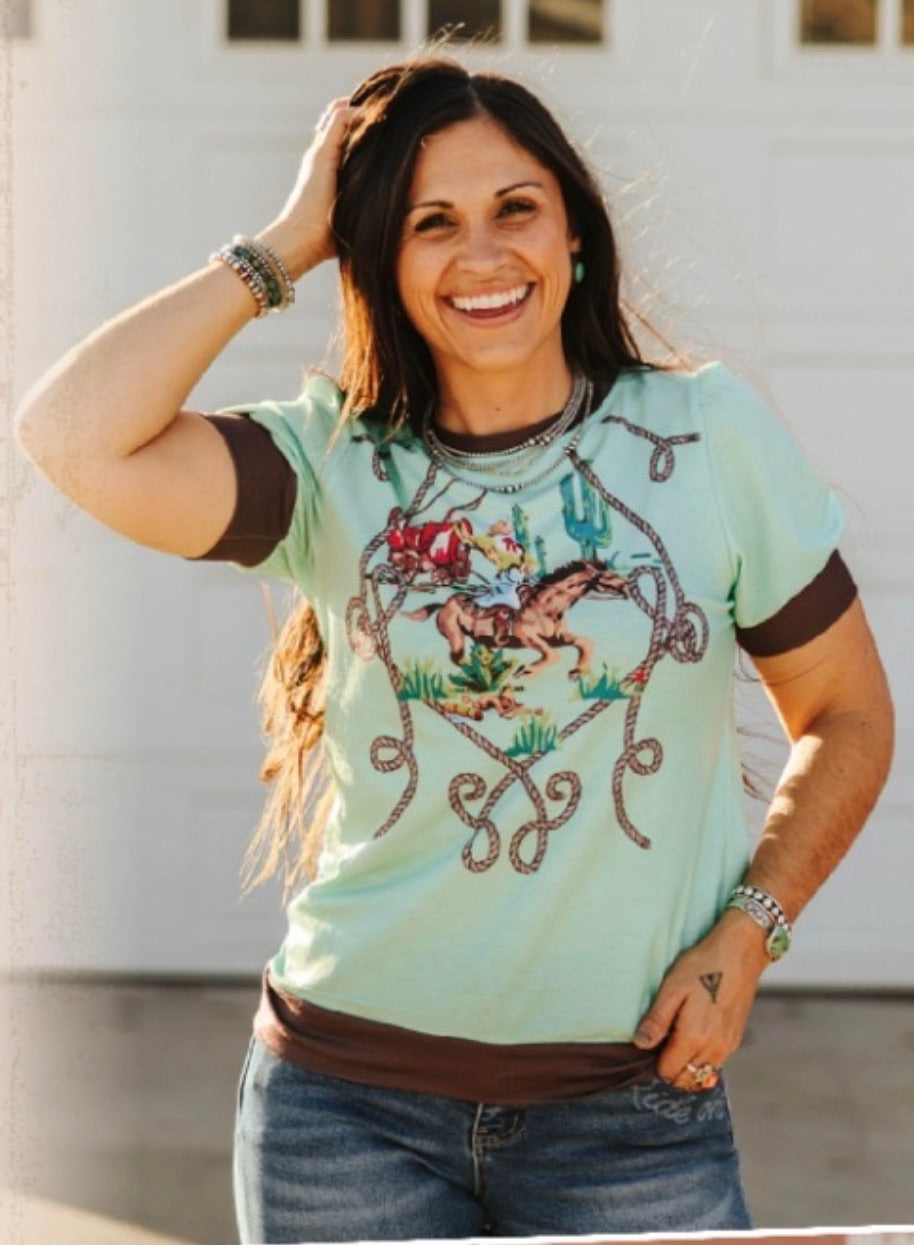Mint Western Print Puff Sleeve Rib Hem Top